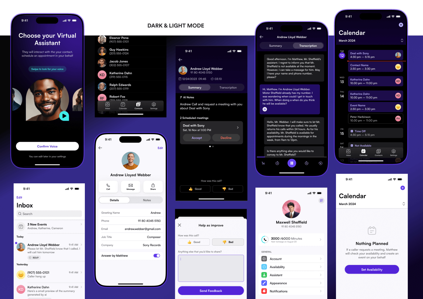 Genius dark and light mode — inbox, call transcription, contacts, calendar screens